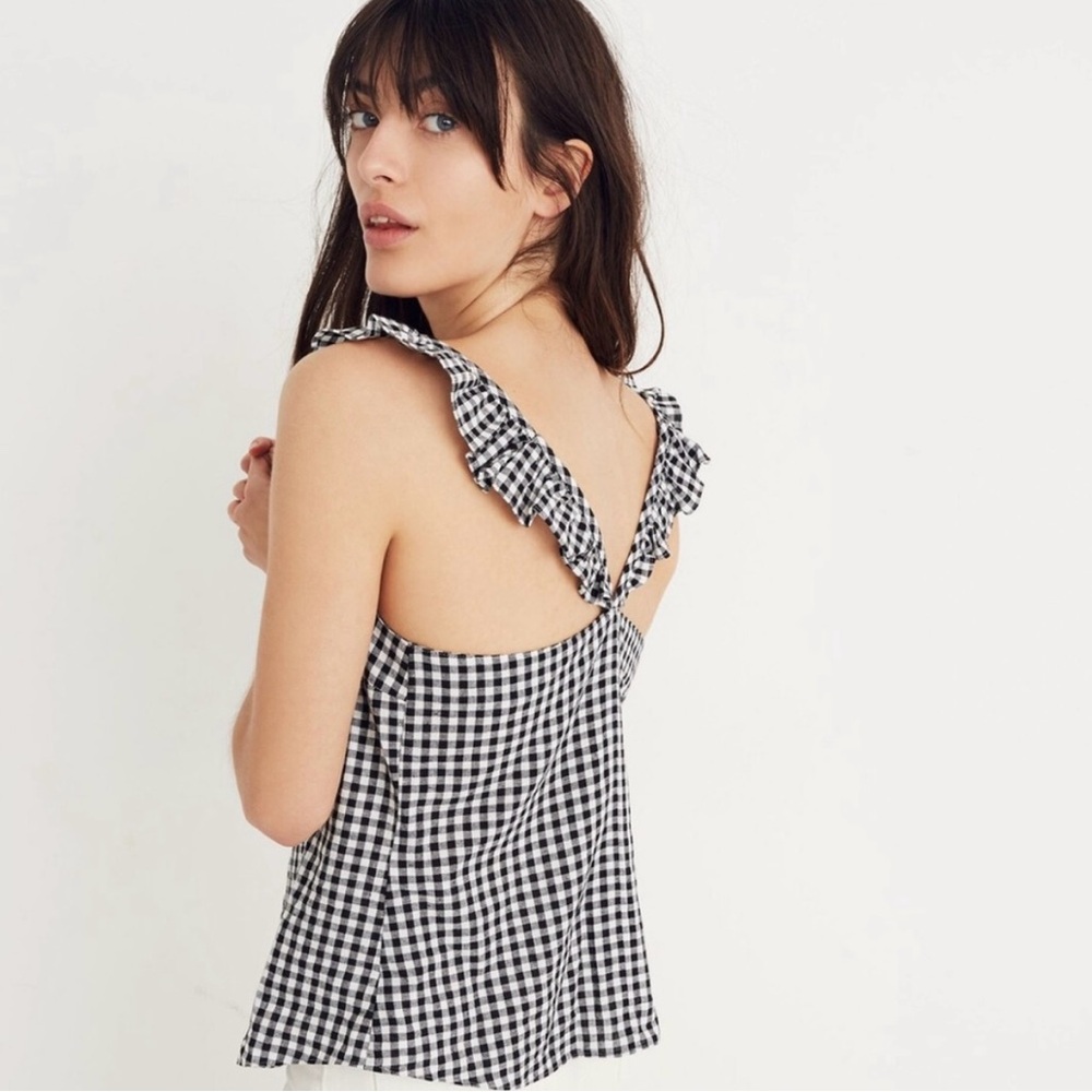 Madewell Ruffle-Strap Cami Top in Gingham Check, Black/White, size 4